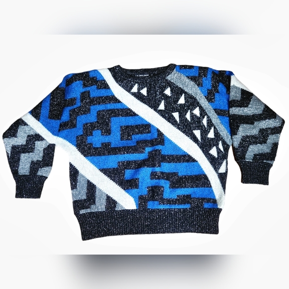 Vintage I.B. Diffusion M Sweater POP Art Geometric Disco Wool Blue Black Silver - Picture 2 of 6